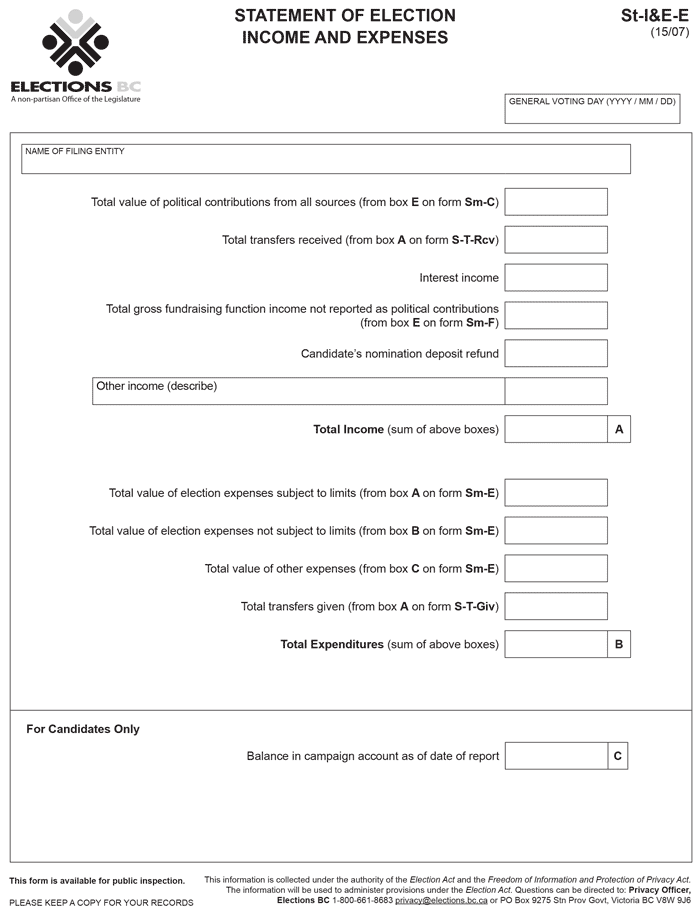 Statement of Election Income and Expenses St-I&E-E