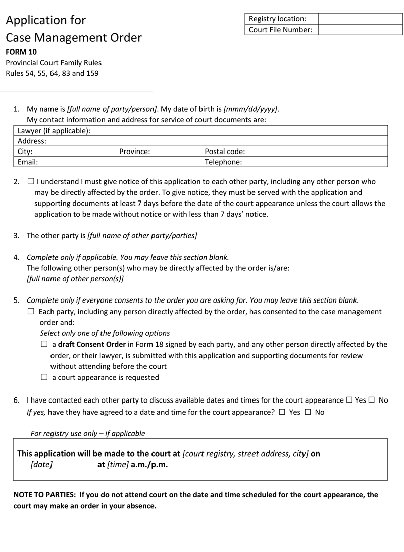 Application for Case Management Order