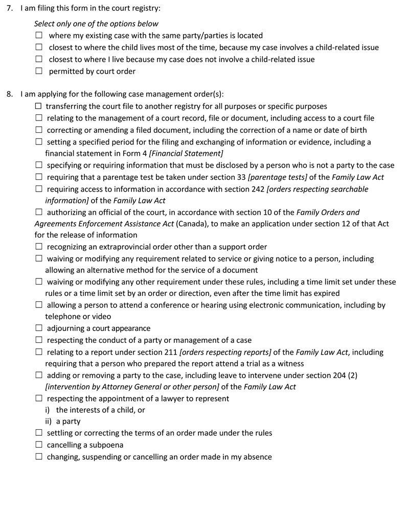 Application for Case Management Order form page 2