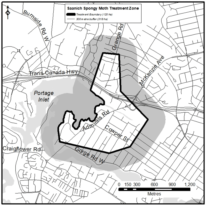 Map of spongy moth treatment zone for Saanich