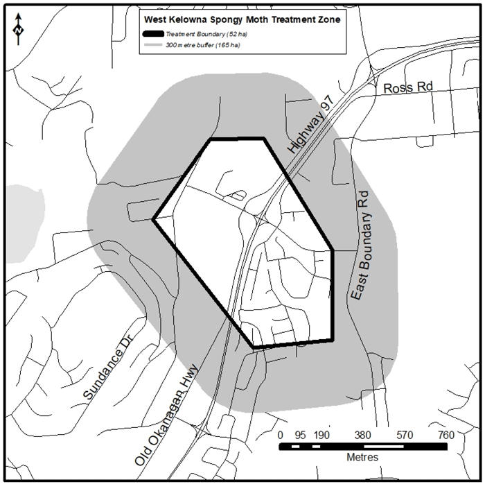 Map of spongy moth treatment zone for West Kelowna