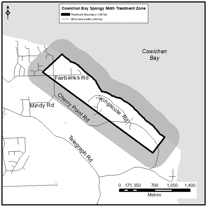 Map of spongy moth treatment zone for Cowichan Bay
