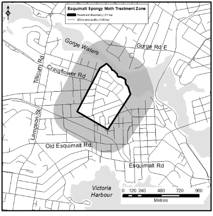 Map of spongy moth treatment zone for Esquimalt