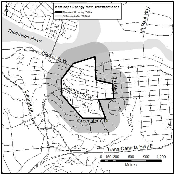 Map of spongy moth treatment zone for Kamloops