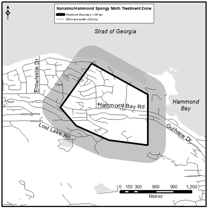 Map of spongy moth treatment zone for Nanaimo